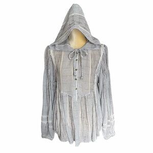 Free People Womens XS Babydoll Top Long Sleeve Striped Gauze Hooded Flowy